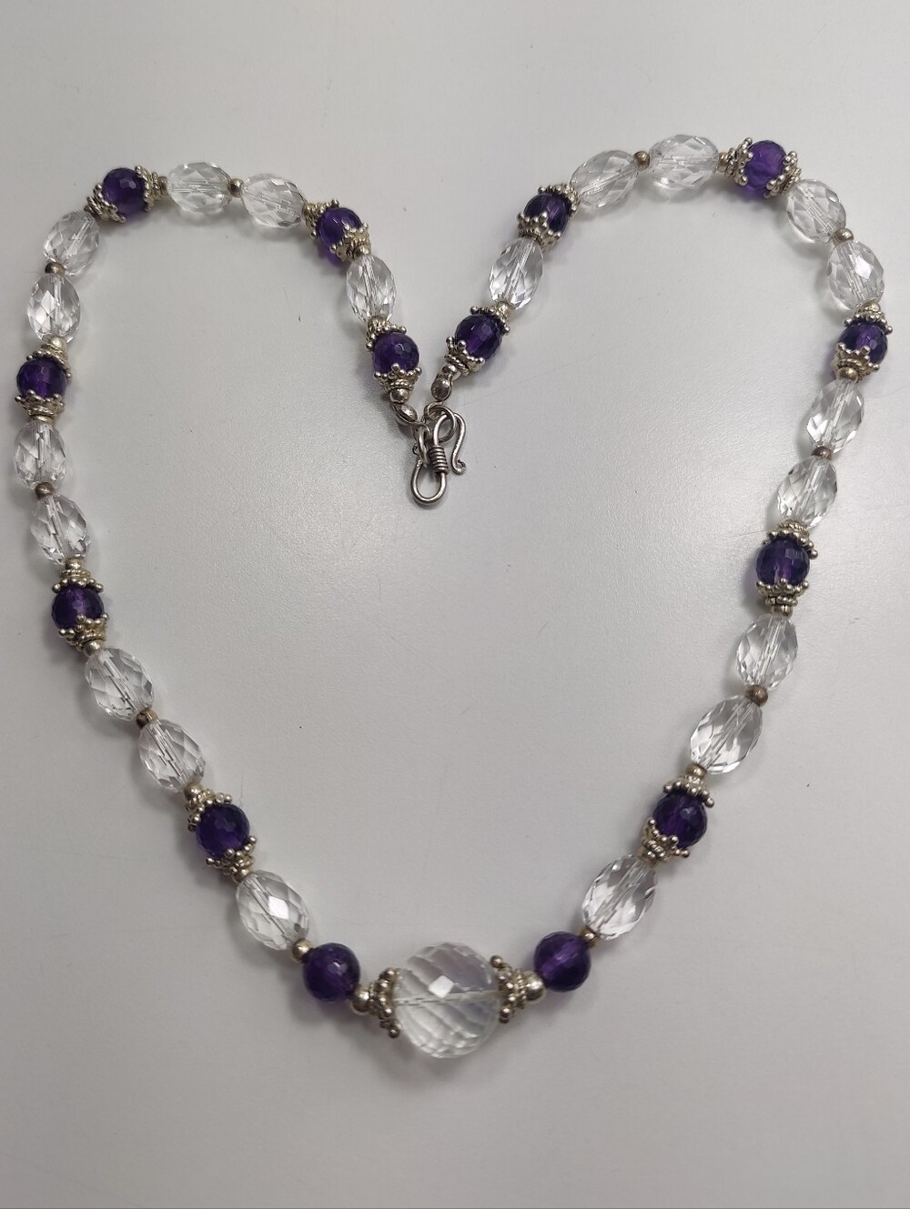 Handcrafted Faceted Purple & Clear Crystal Glass Bead Necklace 21" Artisan